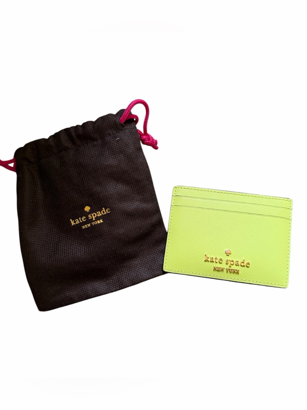 kate spade neon lime green card case with gold logo